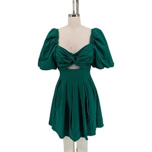 11316 House of Harlow Linen Puff Sleeve Mini Dress Green size 8 cottagecore